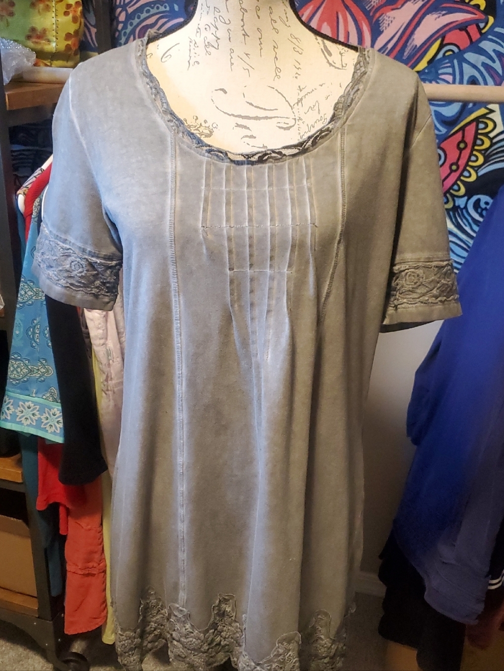 Gretty Zuiger Washed Gray Lace-Trim Womens Tunic Top XL
